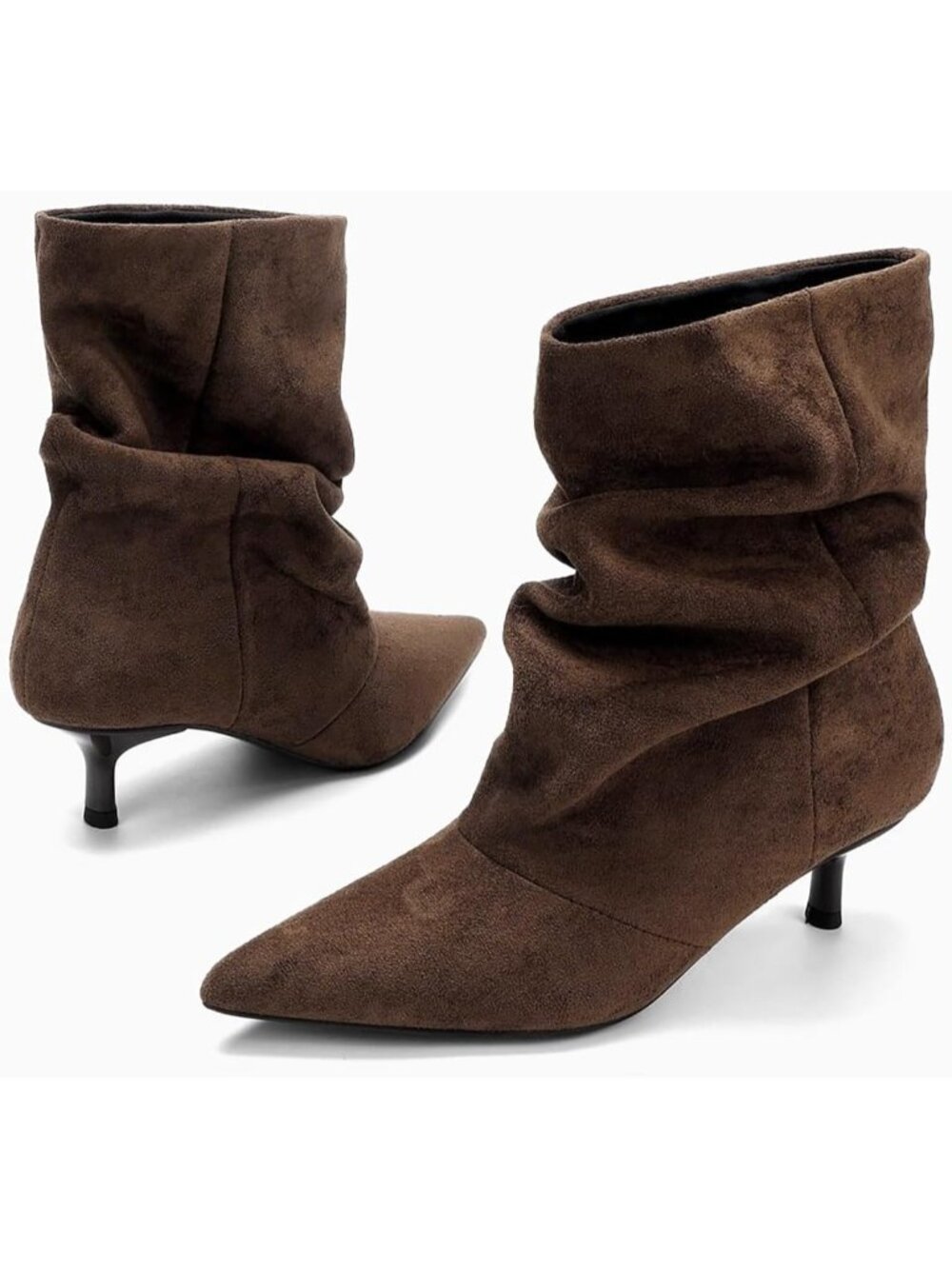 Women's Coffee Slouchy Pointed Toe Pull On Kitten Heel Casual Short Ankle Boots - Picture 6 of 6